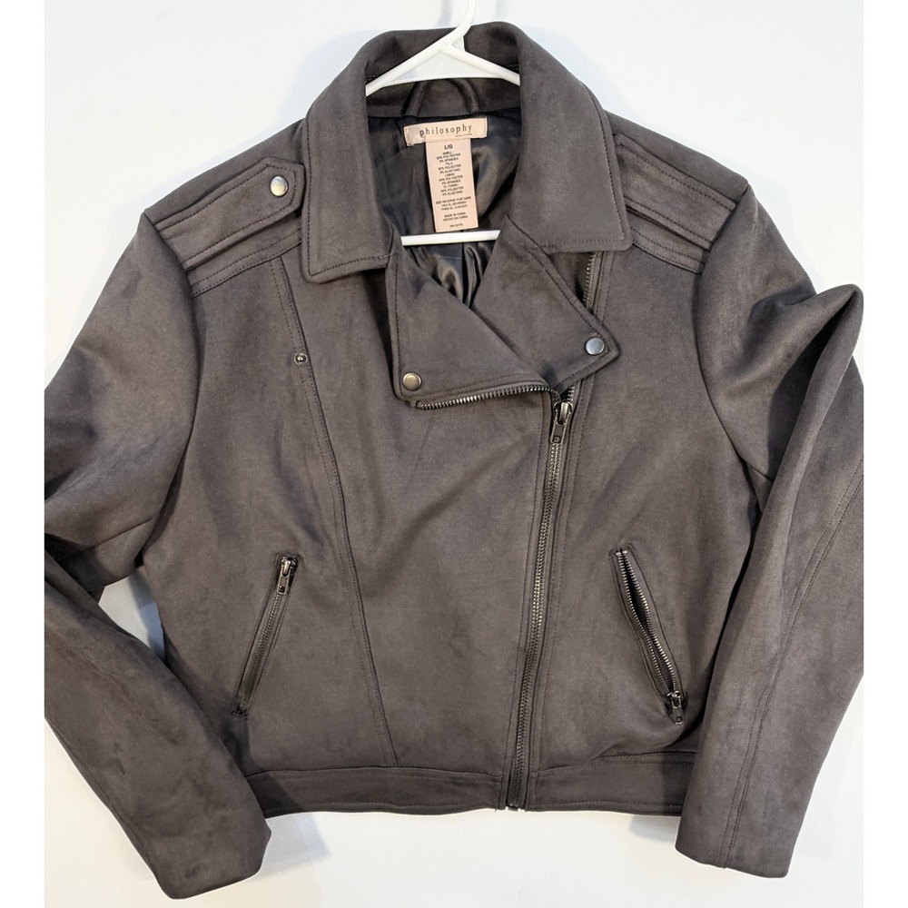 Philosophy Moto Jacket Womens L Charcoal Grey Excellent Faux Suede 3195056